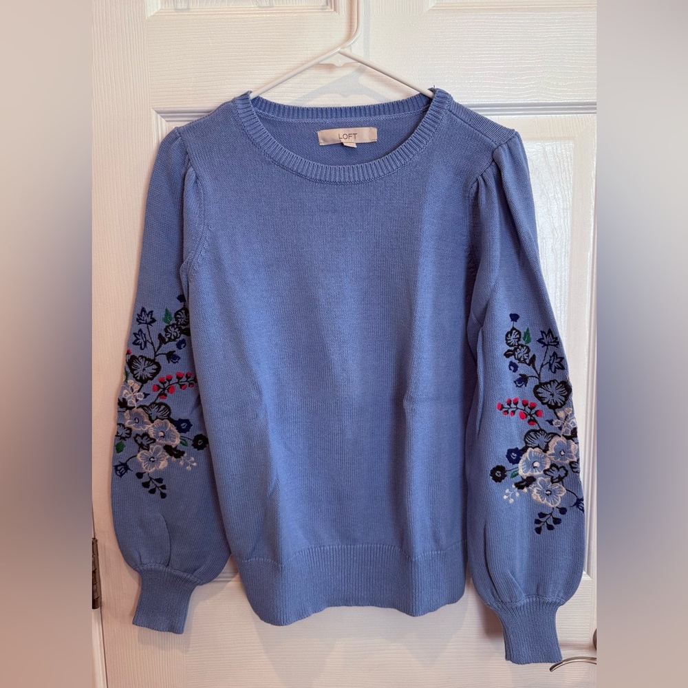 LOFT Blue Sweater with Floral Embroidery
